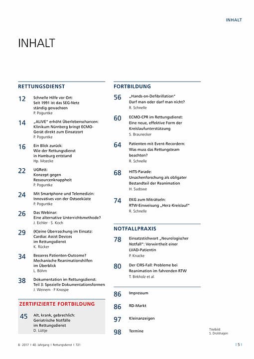 Rettungsdienst 8/2017 - Kardiale Unterstützungssysteme