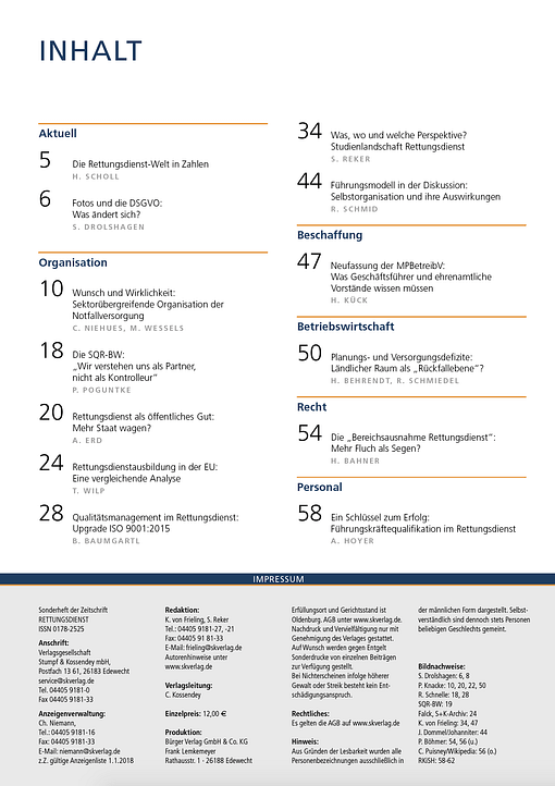 Inhaltsverzeichnis zum Sonderheft RETTUNGSDIENST-Management