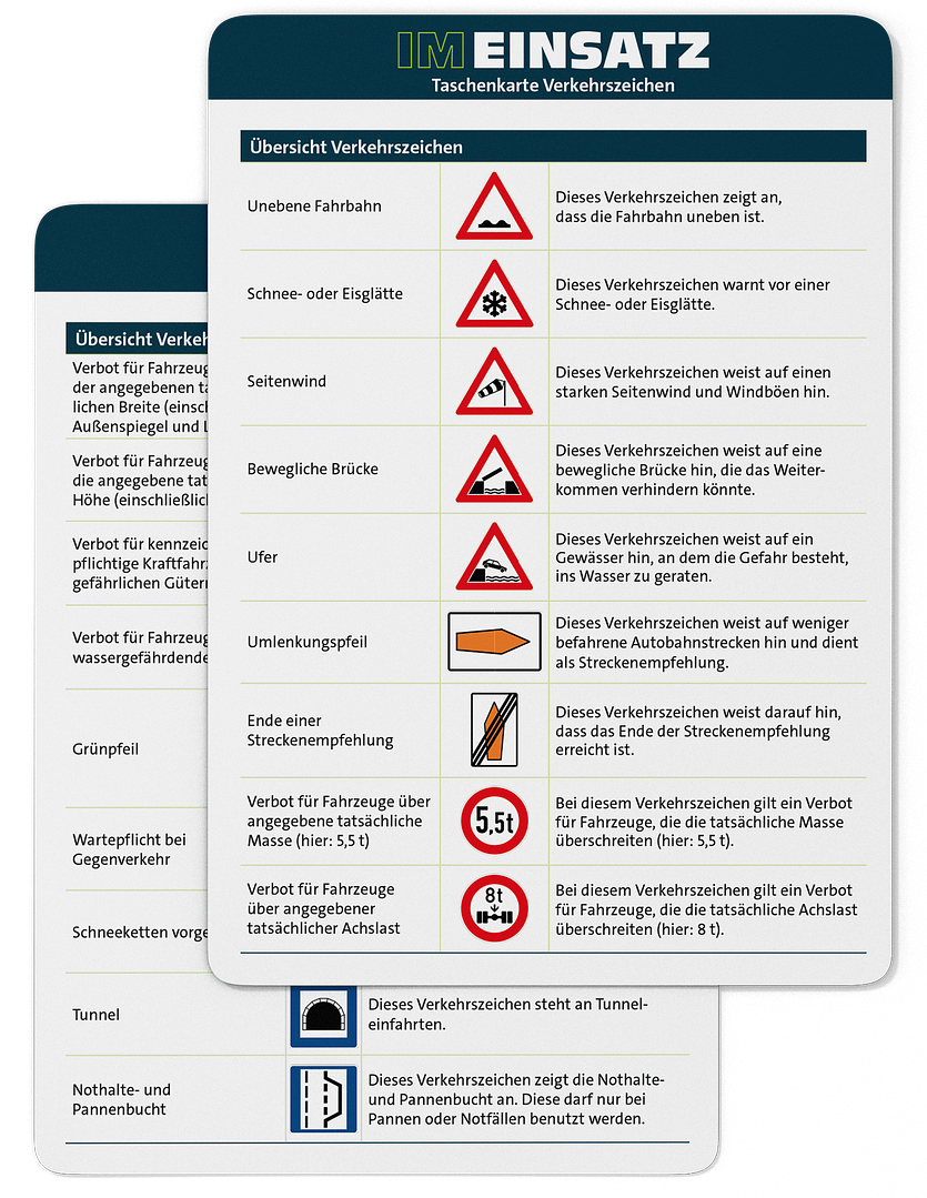 Verkehrszeichen - Taschenkarte für Einsatzkräfte im Bevölkerungs- und Katastrophenschutz