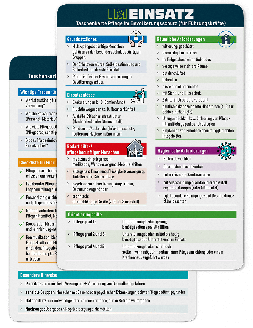 Pflege im Bevölkerungsschutz - Taschenkarte für Einsatzkräfte im Bevölkerungs- und Katastrophenschutz